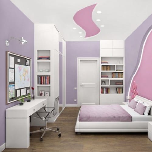 Pink Drywall With Simple False ceiling For Girls Bedroom
