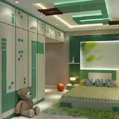 Green Kids Room False Ceiling With Wooden Panels