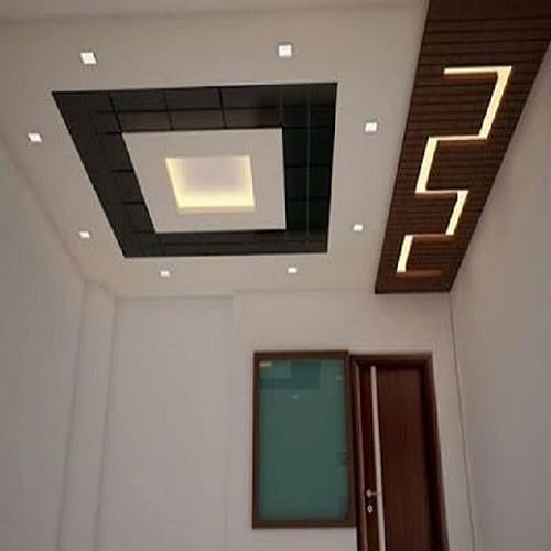 False ceiling With Strip Lights And Wooden Panels